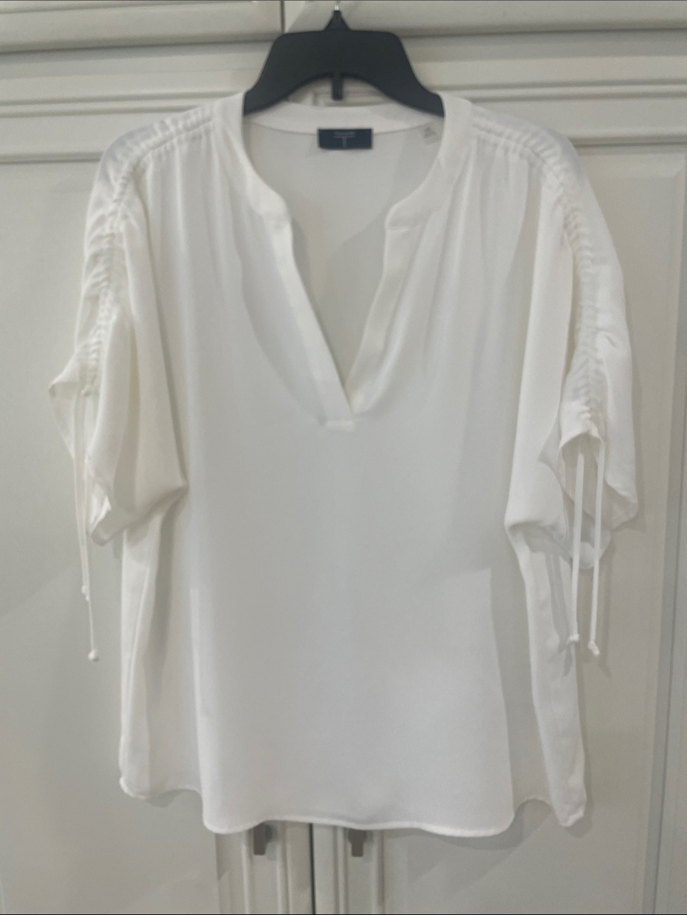 Tahari White Split-Neck Blouse with Drawstring Sleeves, size L